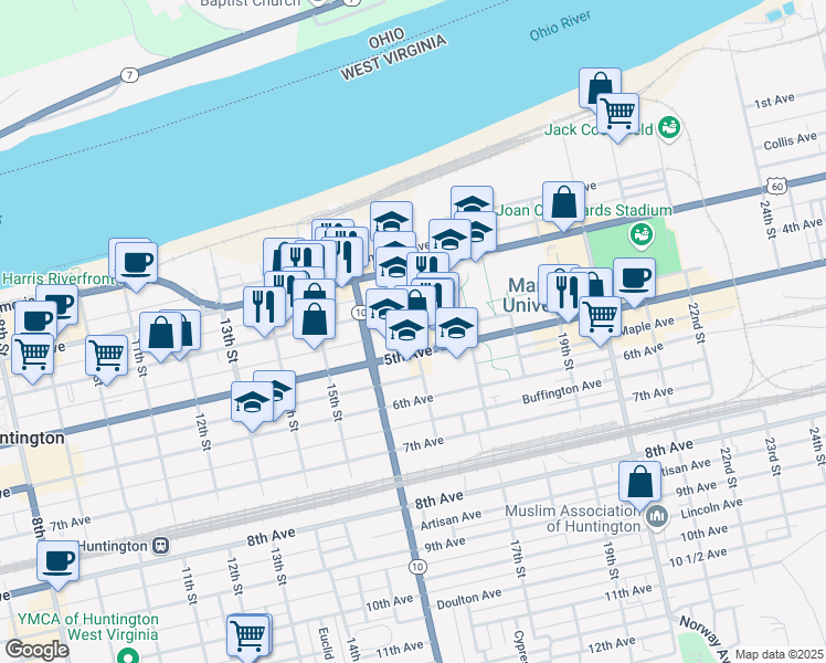 map of restaurants, bars, coffee shops, grocery stores, and more near John Marshall Street in Huntington