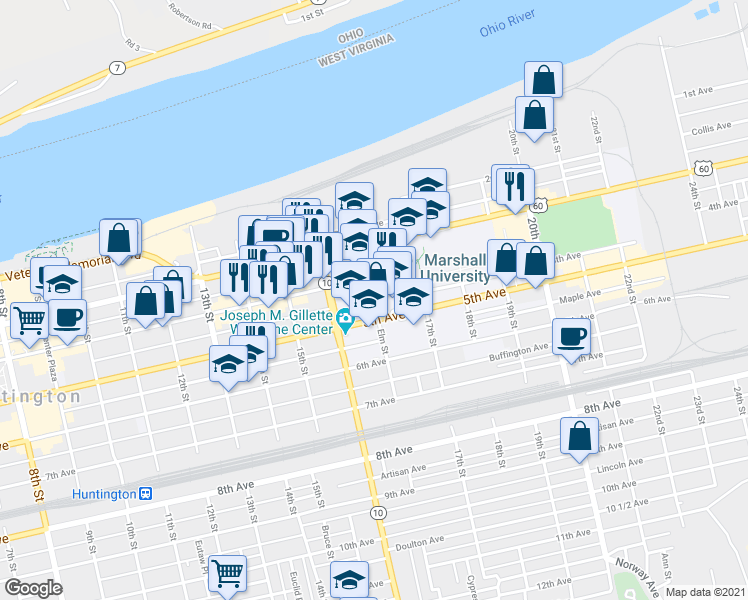 map of restaurants, bars, coffee shops, grocery stores, and more near John Marshall Street in Huntington