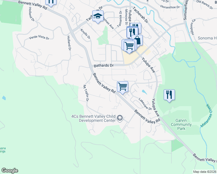 map of restaurants, bars, coffee shops, grocery stores, and more near 2760 Canterbury Dr in Santa Rosa