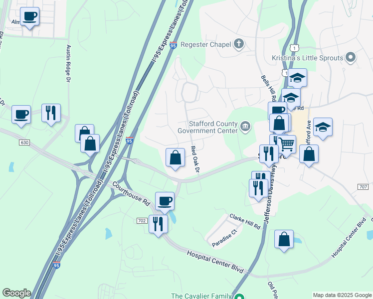 map of restaurants, bars, coffee shops, grocery stores, and more near 2 Birch Lane in Stafford