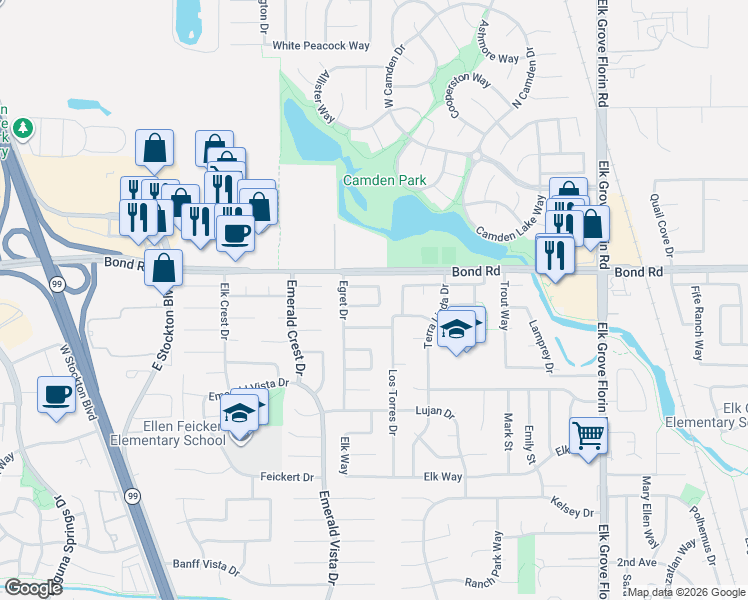 map of restaurants, bars, coffee shops, grocery stores, and more near 8674 Wren Circle in Elk Grove