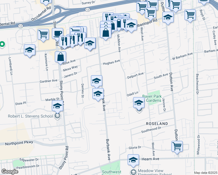 map of restaurants, bars, coffee shops, grocery stores, and more near 1400 Burbank Avenue in Santa Rosa
