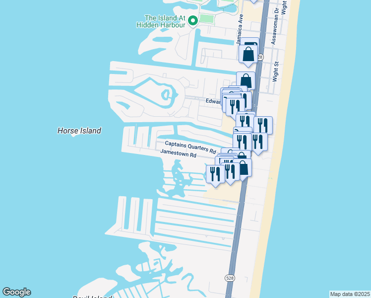 map of restaurants, bars, coffee shops, grocery stores, and more near 141 Captains Quarters Road in Ocean City