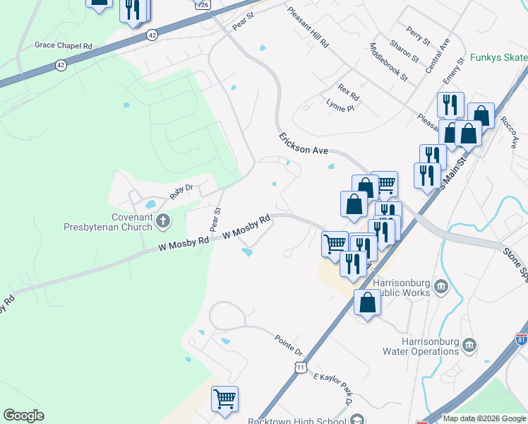 map of restaurants, bars, coffee shops, grocery stores, and more near 212-262 West Mosby Road in Harrisonburg