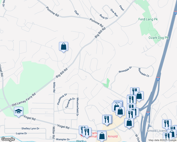 map of restaurants, bars, coffee shops, grocery stores, and more near 176 Lamp Post Ln in Arnold