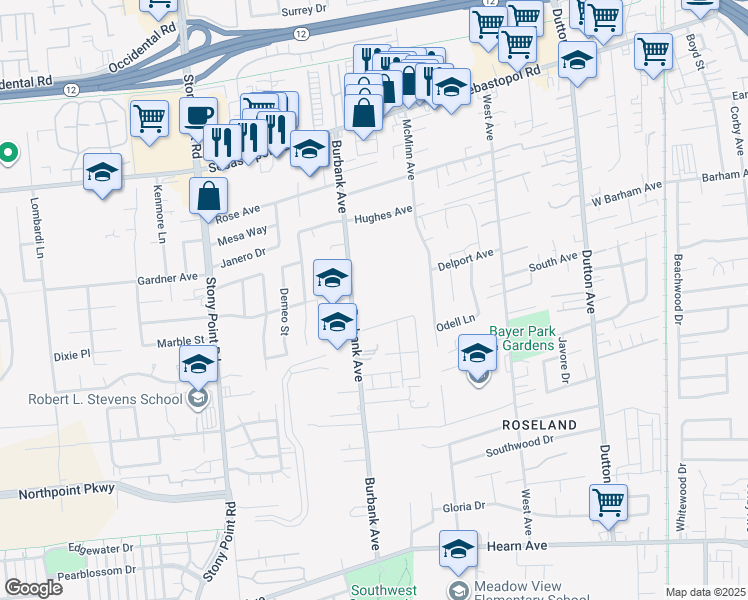 map of restaurants, bars, coffee shops, grocery stores, and more near 1400 Burbank Avenue in Santa Rosa