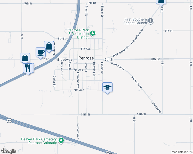 map of restaurants, bars, coffee shops, grocery stores, and more near 104 Hawkins Ave in Penrose
