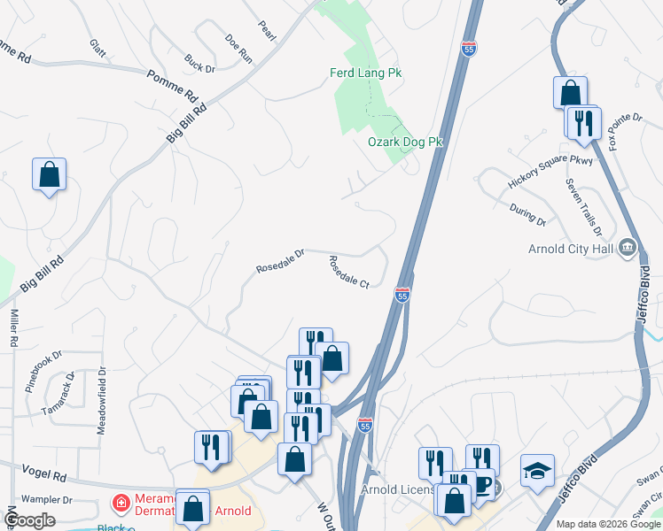 map of restaurants, bars, coffee shops, grocery stores, and more near 2072 Rosedale Court in Arnold