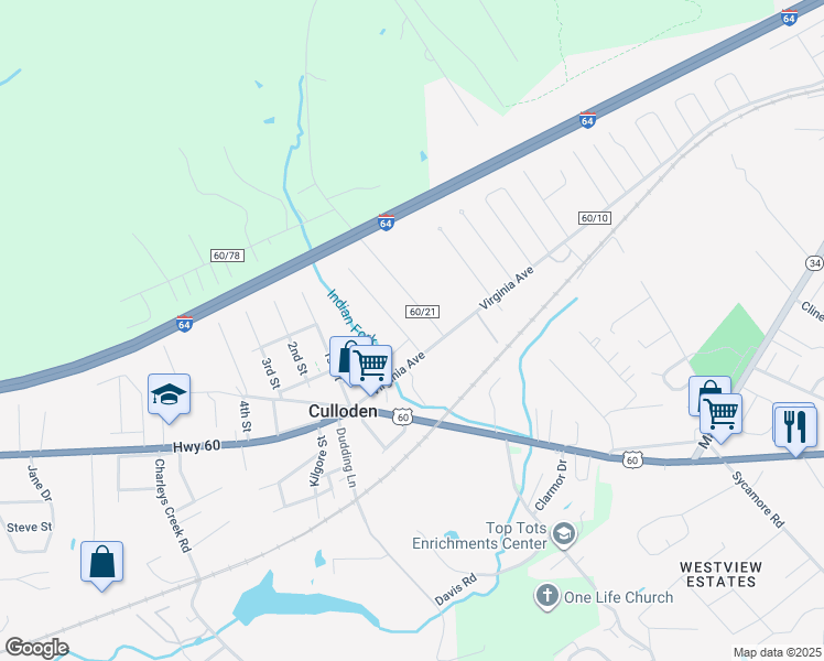 map of restaurants, bars, coffee shops, grocery stores, and more near 105 1st Street East in Culloden