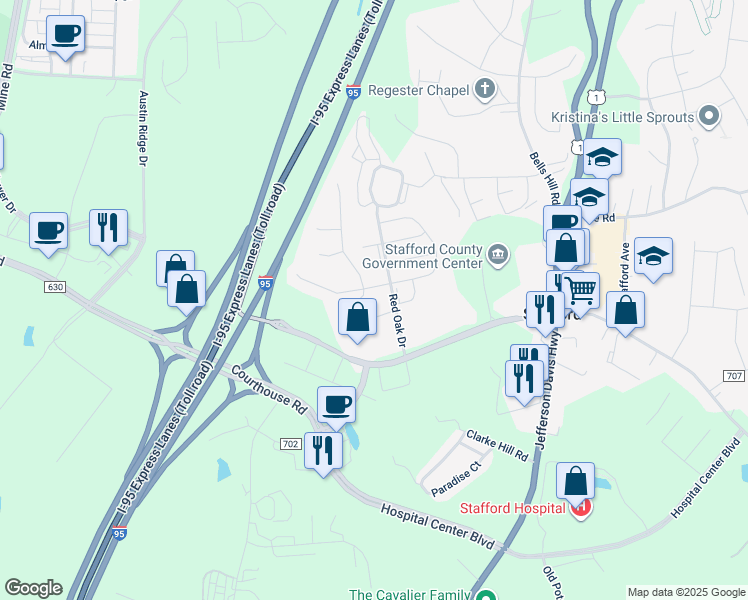 map of restaurants, bars, coffee shops, grocery stores, and more near 5 Birch Lane in Stafford