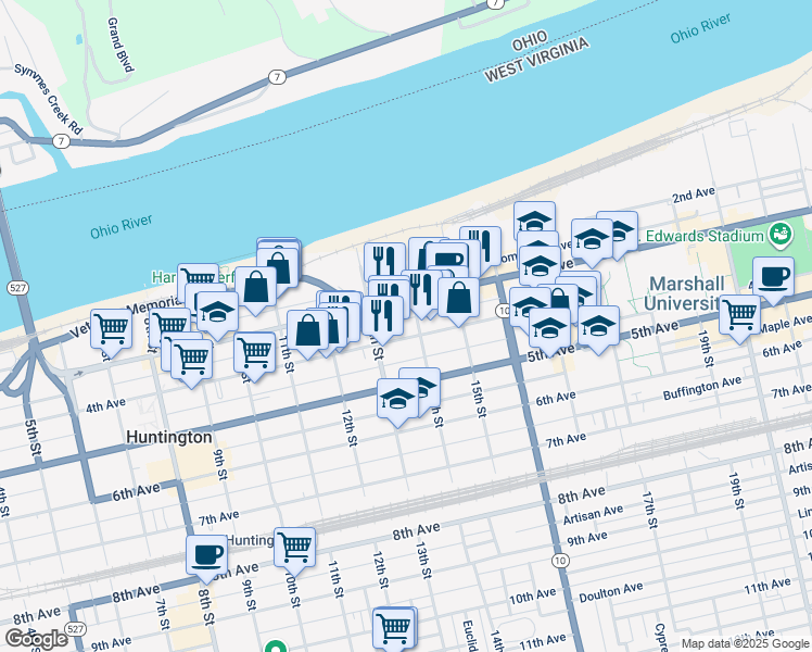 map of restaurants, bars, coffee shops, grocery stores, and more near 335 14th Street in Huntington