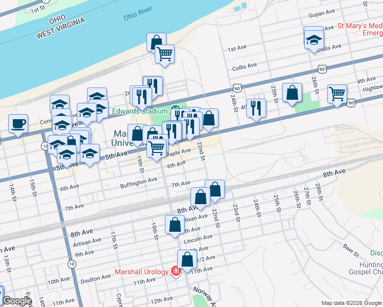 map of restaurants, bars, coffee shops, grocery stores, and more near 545 22nd Street in Huntington