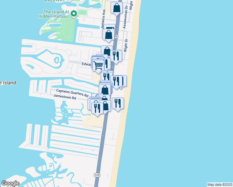 map of restaurants, bars, coffee shops, grocery stores, and more near 11700 Maryland 528 in Ocean City