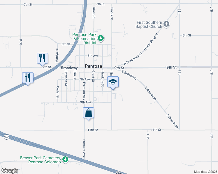 map of restaurants, bars, coffee shops, grocery stores, and more near 104 Hawkins Ave in Penrose