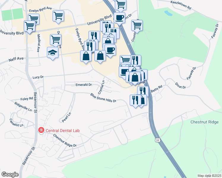 map of restaurants, bars, coffee shops, grocery stores, and more near 101-119 Emerald Drive in Harrisonburg