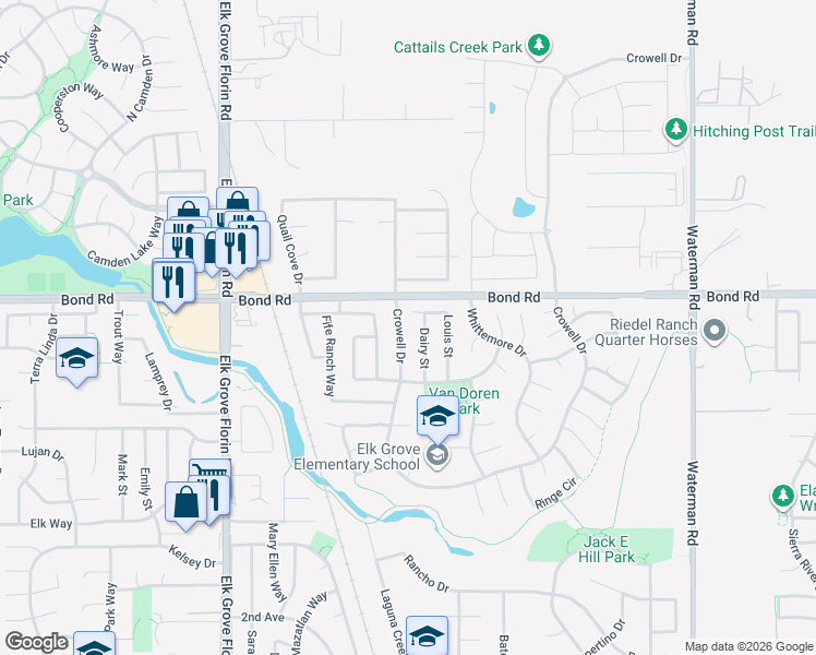 map of restaurants, bars, coffee shops, grocery stores, and more near 9220 Crowell Drive in Elk Grove