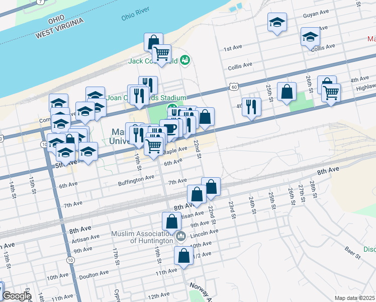 map of restaurants, bars, coffee shops, grocery stores, and more near 545 22nd Street in Huntington