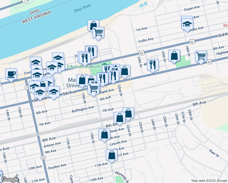 map of restaurants, bars, coffee shops, grocery stores, and more near 545 22nd Street in Huntington
