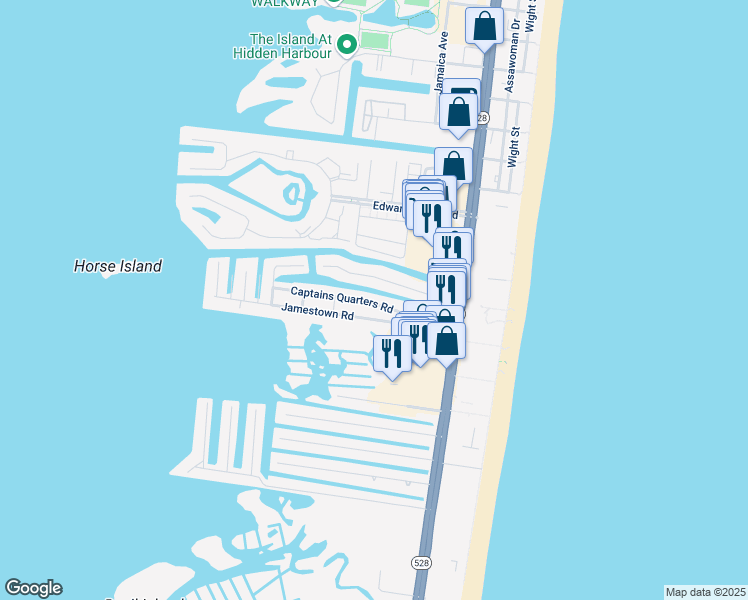 map of restaurants, bars, coffee shops, grocery stores, and more near 131 Captains Quarters Road in Ocean City