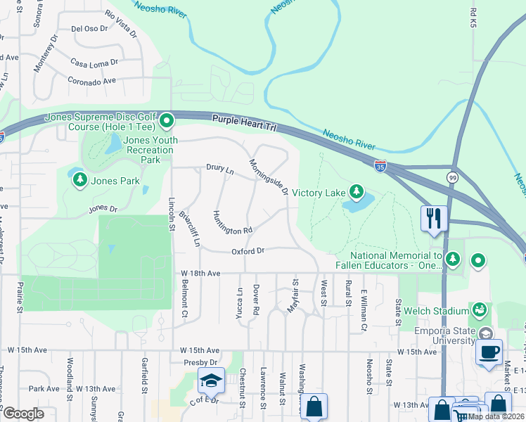 map of restaurants, bars, coffee shops, grocery stores, and more near 2014 Canterbury Road in Emporia