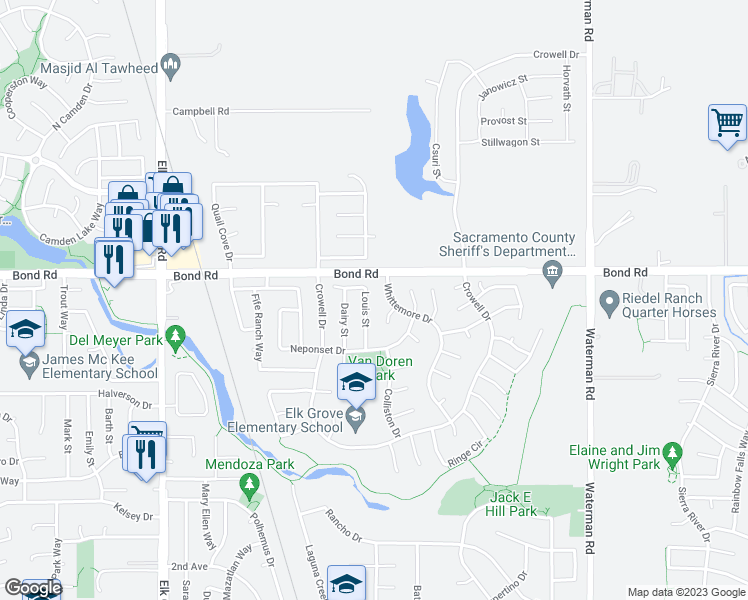 map of restaurants, bars, coffee shops, grocery stores, and more near 9243 Louis Street in Elk Grove