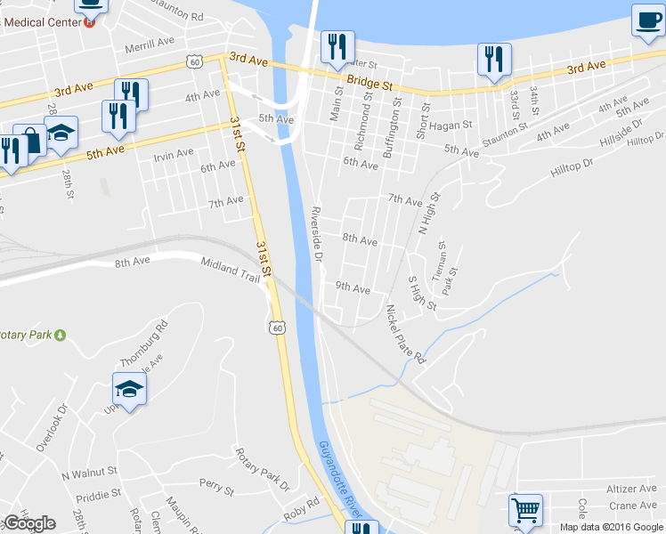 map of restaurants, bars, coffee shops, grocery stores, and more near 625 Richmond Street in Huntington