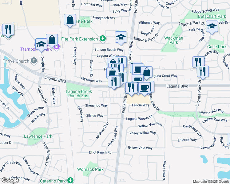 map of restaurants, bars, coffee shops, grocery stores, and more near 9465 Laguna Pointe Way in Elk Grove