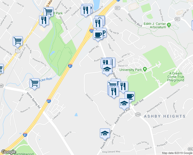 map of restaurants, bars, coffee shops, grocery stores, and more near 1360 Devon Lane in Harrisonburg