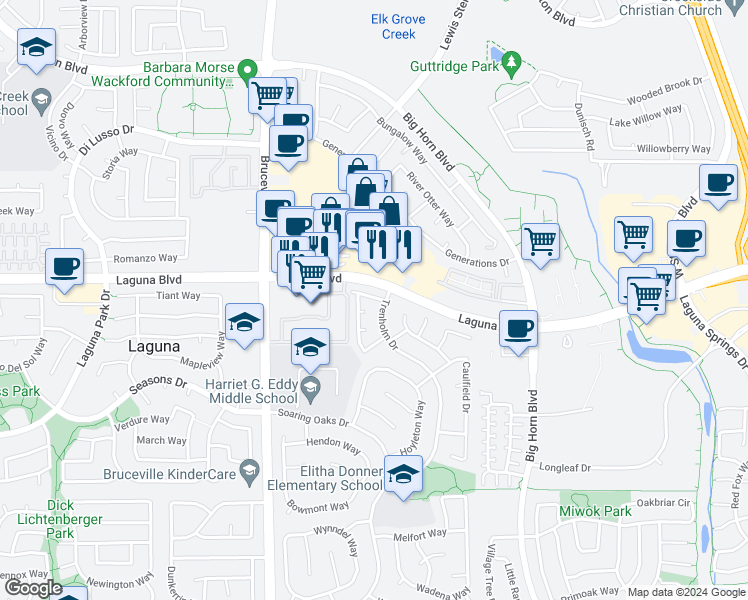 map of restaurants, bars, coffee shops, grocery stores, and more near 7714 Turtle Cove Way in Elk Grove