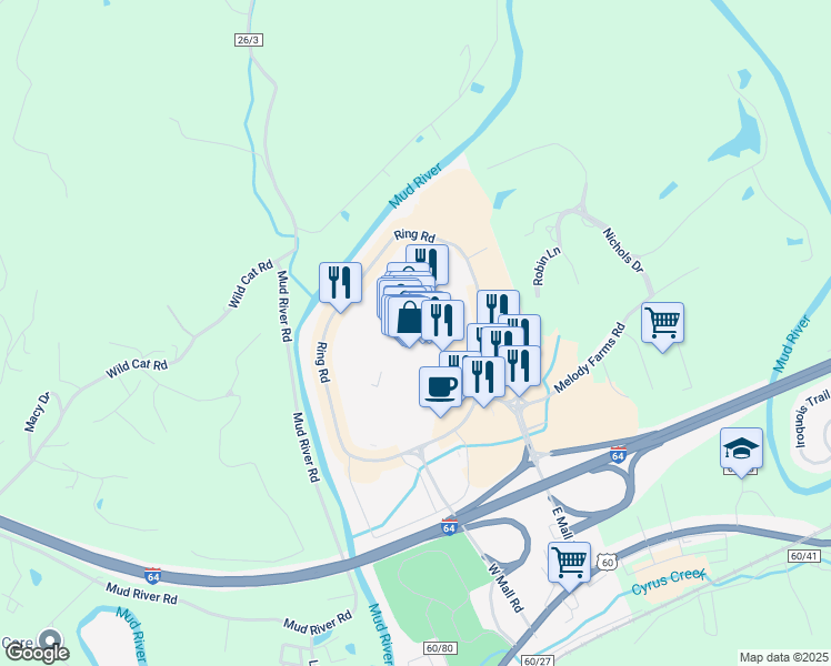 map of restaurants, bars, coffee shops, grocery stores, and more near 100 Mall Road in Barboursville