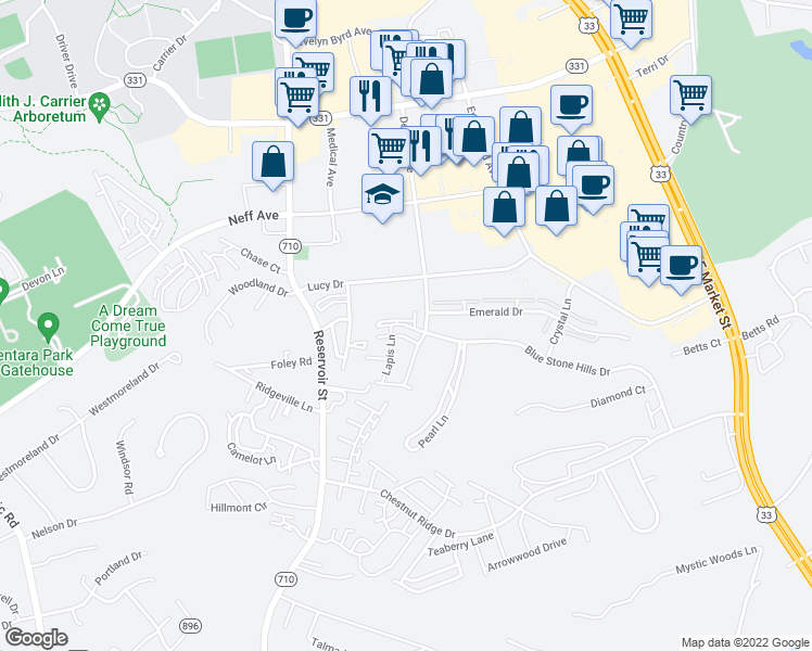 map of restaurants, bars, coffee shops, grocery stores, and more near 355 Blue Stone Hills Drive in Harrisonburg