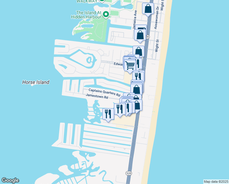 map of restaurants, bars, coffee shops, grocery stores, and more near 134 Captains Quarters Road in Ocean City