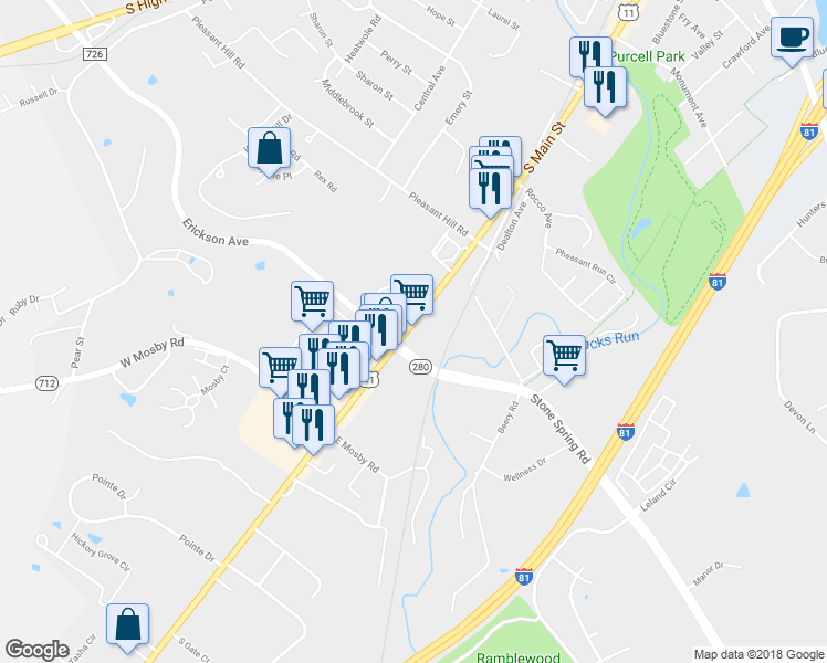 map of restaurants, bars, coffee shops, grocery stores, and more near 2020 S Main St in Harrisonburg