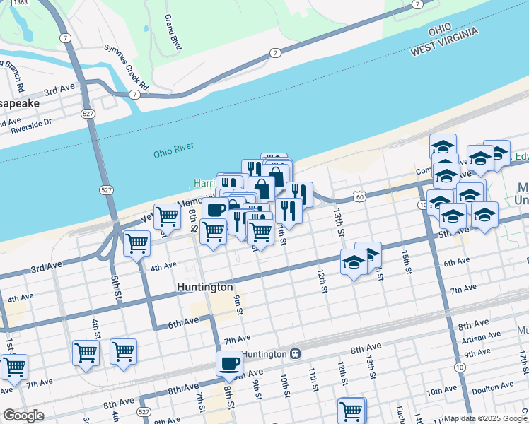map of restaurants, bars, coffee shops, grocery stores, and more near 1010 3rd Avenue in Huntington
