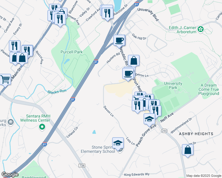 map of restaurants, bars, coffee shops, grocery stores, and more near 1380 Devon Lane in Harrisonburg