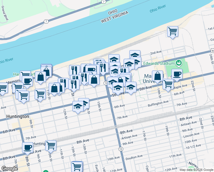 map of restaurants, bars, coffee shops, grocery stores, and more near 1533 4th Avenue in Huntington