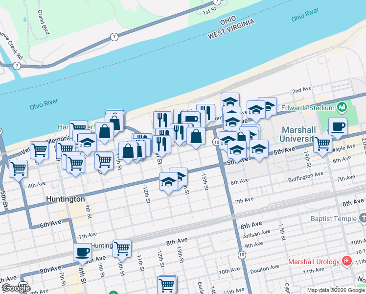 map of restaurants, bars, coffee shops, grocery stores, and more near 335 14th Street in Huntington