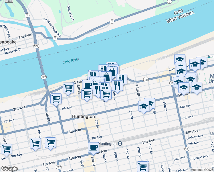 map of restaurants, bars, coffee shops, grocery stores, and more near 1010 3rd Avenue in Huntington