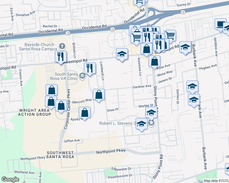 map of restaurants, bars, coffee shops, grocery stores, and more near 2504 Gardner Avenue in Santa Rosa