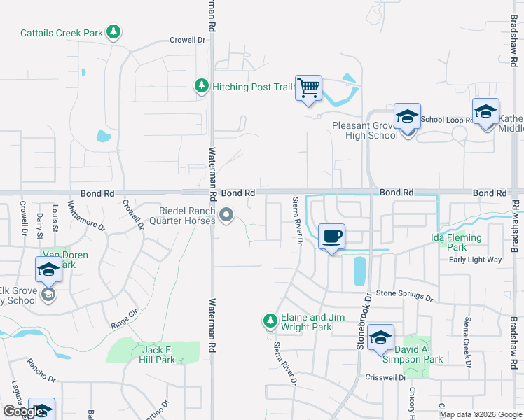 map of restaurants, bars, coffee shops, grocery stores, and more near 9220 Rainbow Creek Way in Elk Grove