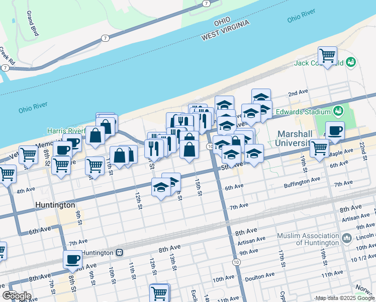 map of restaurants, bars, coffee shops, grocery stores, and more near 1454 4th Avenue in Huntington