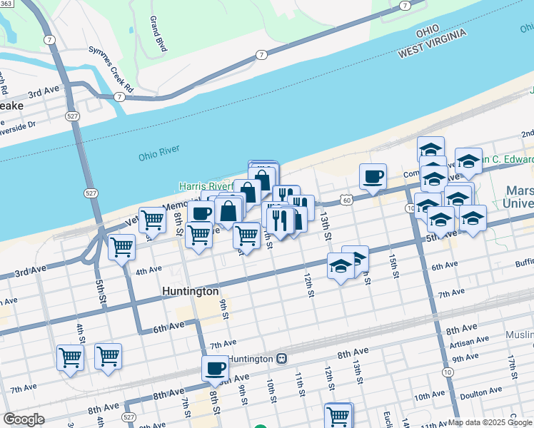map of restaurants, bars, coffee shops, grocery stores, and more near 1117 3rd Avenue in Huntington