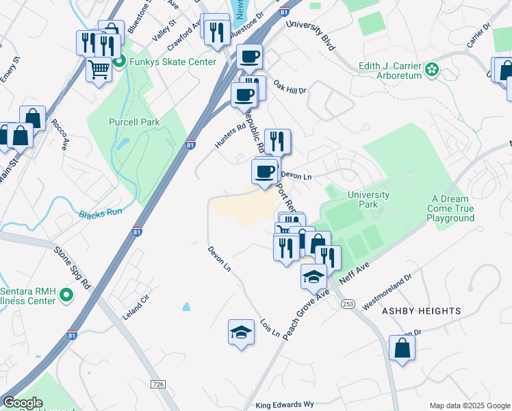 map of restaurants, bars, coffee shops, grocery stores, and more near 1360 Devon Lane in Harrisonburg