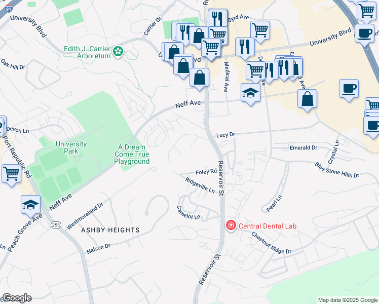 map of restaurants, bars, coffee shops, grocery stores, and more near 660 White Oak Circle in Harrisonburg