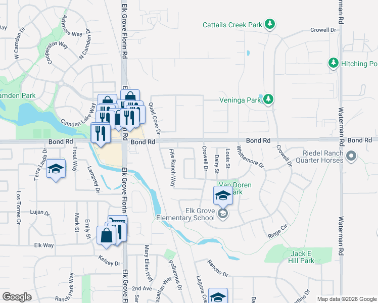 map of restaurants, bars, coffee shops, grocery stores, and more near 8980 Neponset Drive in Elk Grove