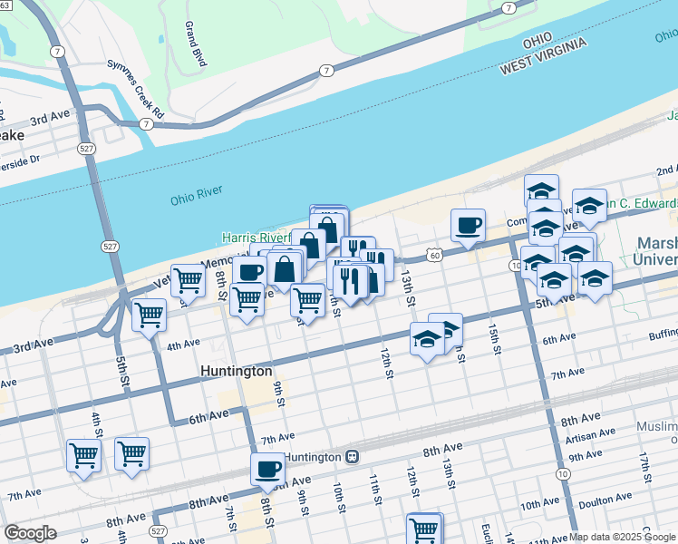 map of restaurants, bars, coffee shops, grocery stores, and more near 1117 3rd Avenue in Huntington