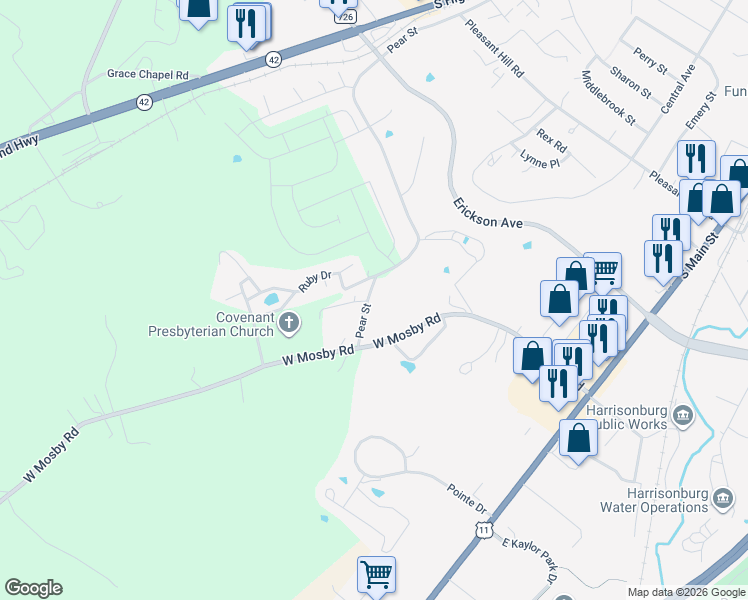 map of restaurants, bars, coffee shops, grocery stores, and more near 266 Pear Street in Harrisonburg