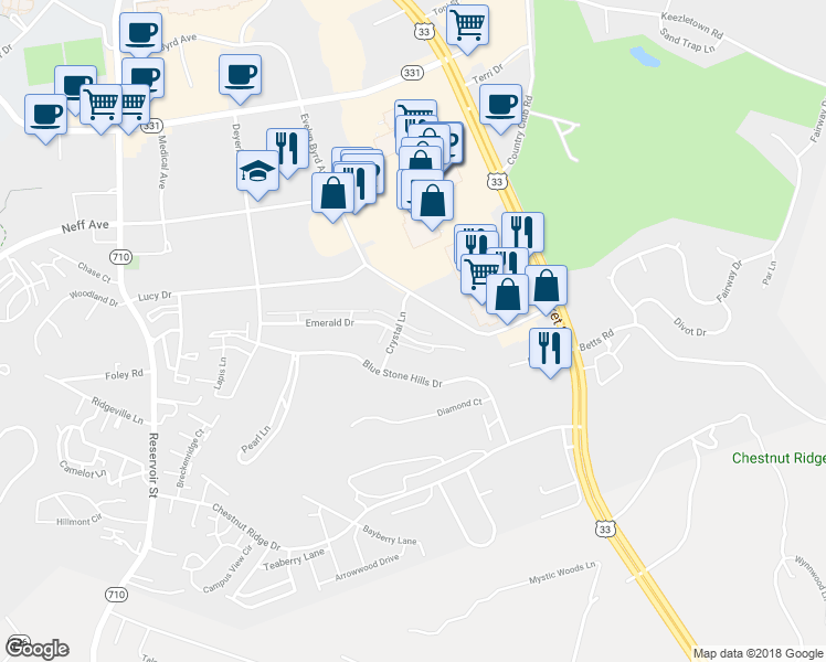 map of restaurants, bars, coffee shops, grocery stores, and more near 185 Emerald Drive in Harrisonburg