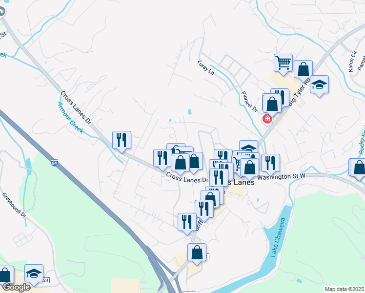 map of restaurants, bars, coffee shops, grocery stores, and more near 567 Stewart Park in Cross Lanes