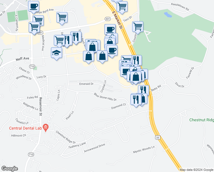 map of restaurants, bars, coffee shops, grocery stores, and more near 189 Emerald Drive in Harrisonburg